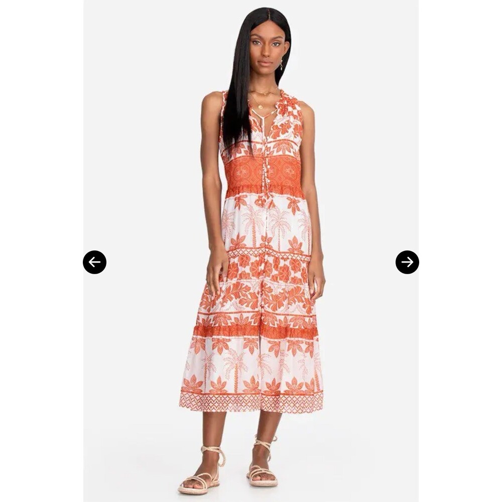 Terra Cotta Johnny Was Aster Sleeveless Tiered Midi Dress floral pattern Sz S